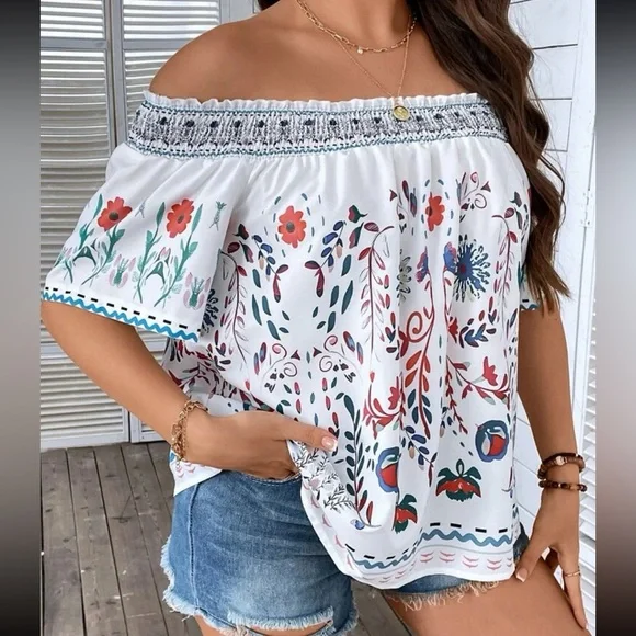 Boho Floral Print Off Shoulder Top Blouse Shirt White - Picture 3 of 8